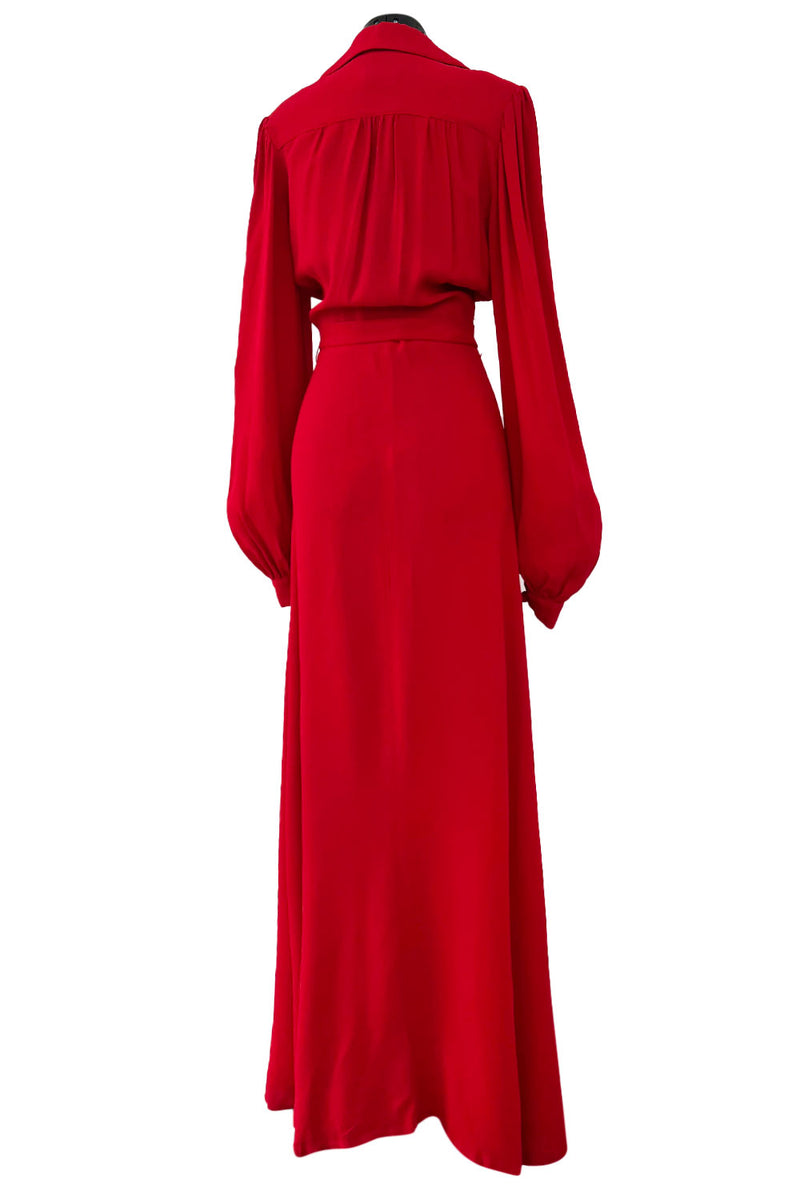 Fabulous c.1969 Ossie Clark Red Moss Crepe Dress w Bishop Sleeves, Button Front & Pointed Collar
