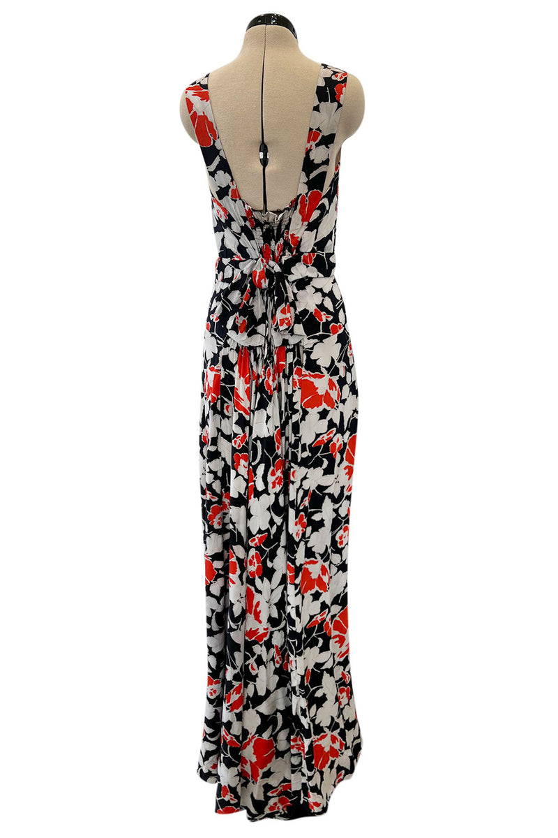 Stunning 1930s Coral, Black & Pale Grey Floral Silk Print Bias Cut Backless Dress