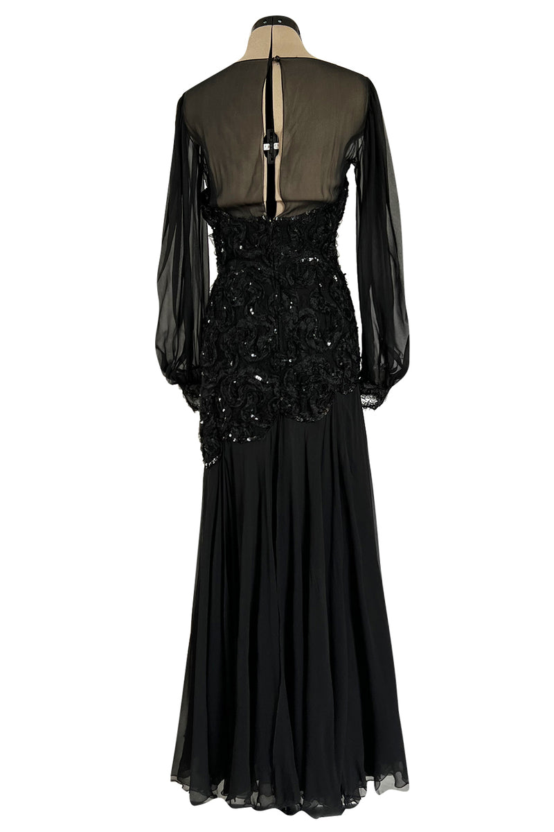 Gorgeous 1980s Loris Azzaro Black Silk Chiffon & Sequin Ribbon Detail Dress