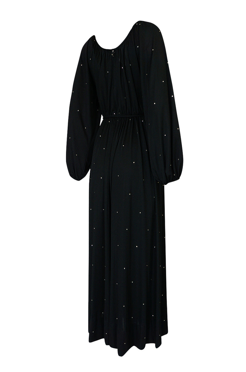 Documented c.1972 Donald Brooks Black Rhinestone Detailed Black Silk Jersey Dress