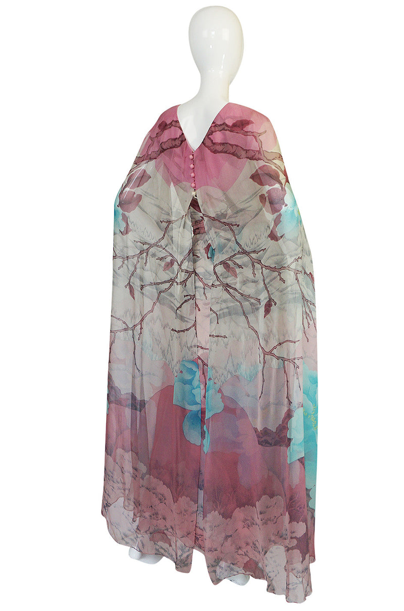 1970s Hanae Mori Couture Silk Chiffon Scenic Floral Dress