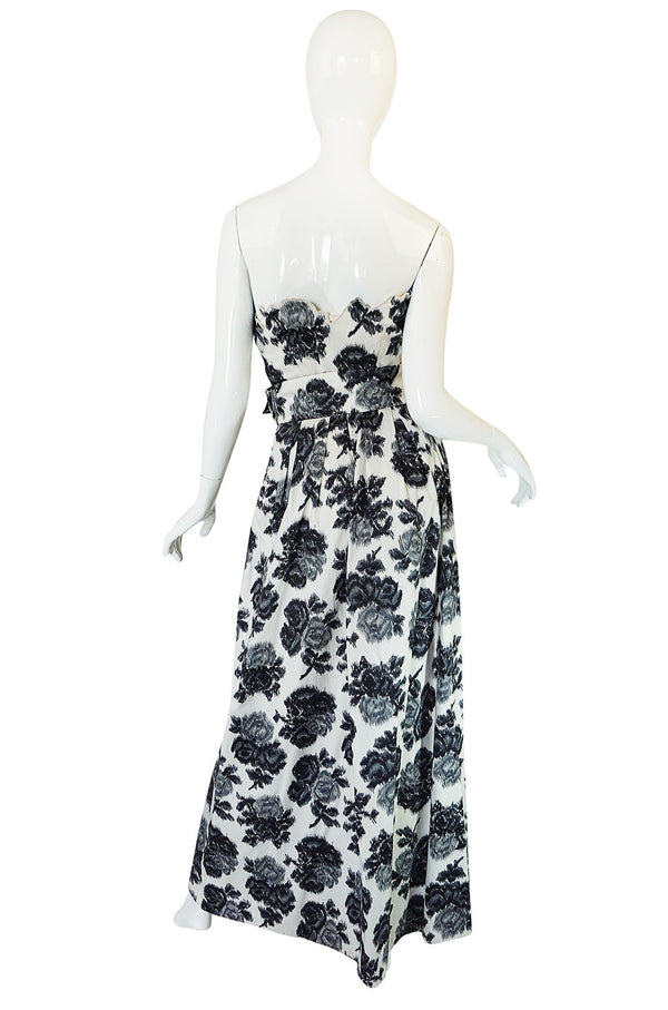 1960s Washed Graphic Floral Print Strapless Gown