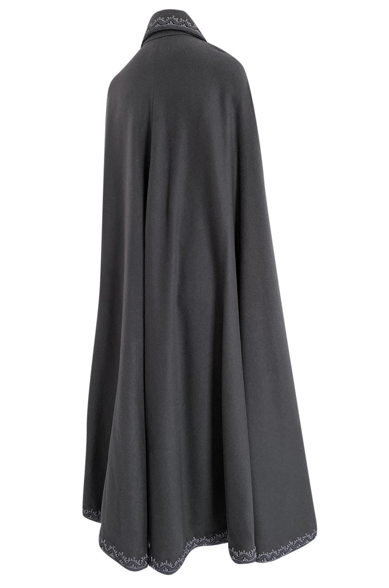 Wonderful 1970s Grey Full Length Wool Cape w Elaborate Braided Edge Detail