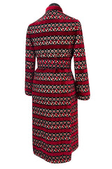 1960s Davidow Red Black & White Fused Cut Velvet Dream Carpet Coat w Matching Belt