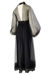 1960s Werle Black Organza & Embroidered Lace Transparent Back Dress