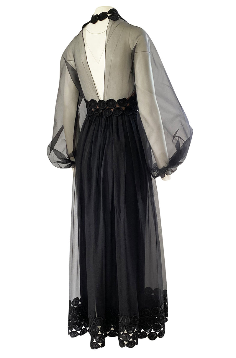 1960s Werle Black Organza & Embroidered Lace Transparent Back Dress