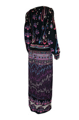 Unusual 1970s Paganne Smocked Jersey Printed Maxi Dress