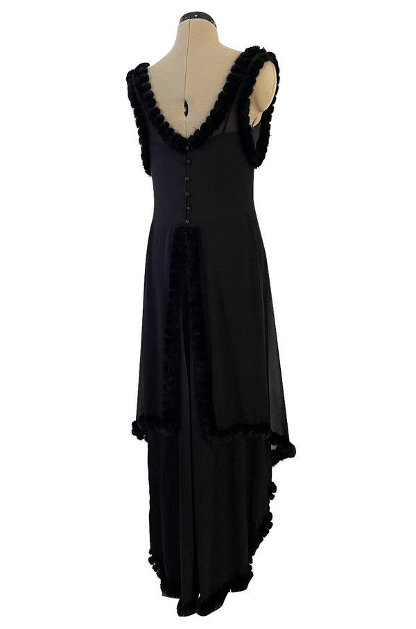 Gorgeous Fall 2003 Chanel by Karl Lagerfeld Black Silk Chiffon Dress Set w Fur Trim