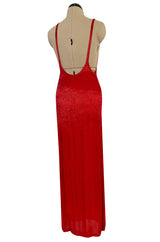 Showstopping 1975 John Anthony Couture Deep Plunging Red Dress Entirely Covered in Glass Beads