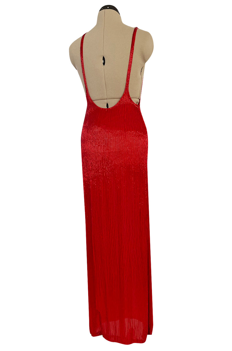 Showstopping 1975 John Anthony Couture Deep Plunging Red Dress Entirely Covered in Glass Beads
