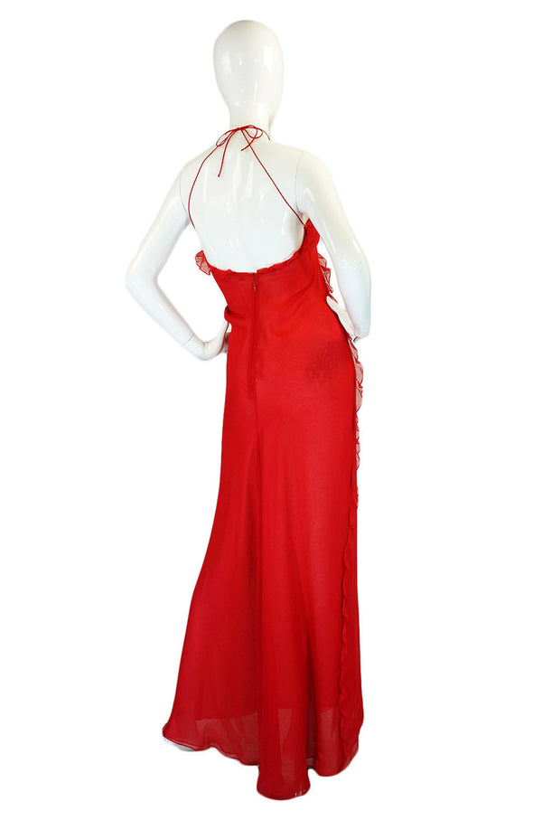 1970s Ruffled Silk Chiffon Bill Blass Bias Cut Dress