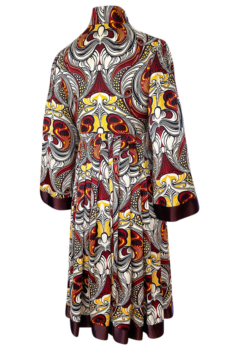 1972 Jean Muir Abstract Printed Silk Satin Dress w Pin Tuck Detailed Bodice