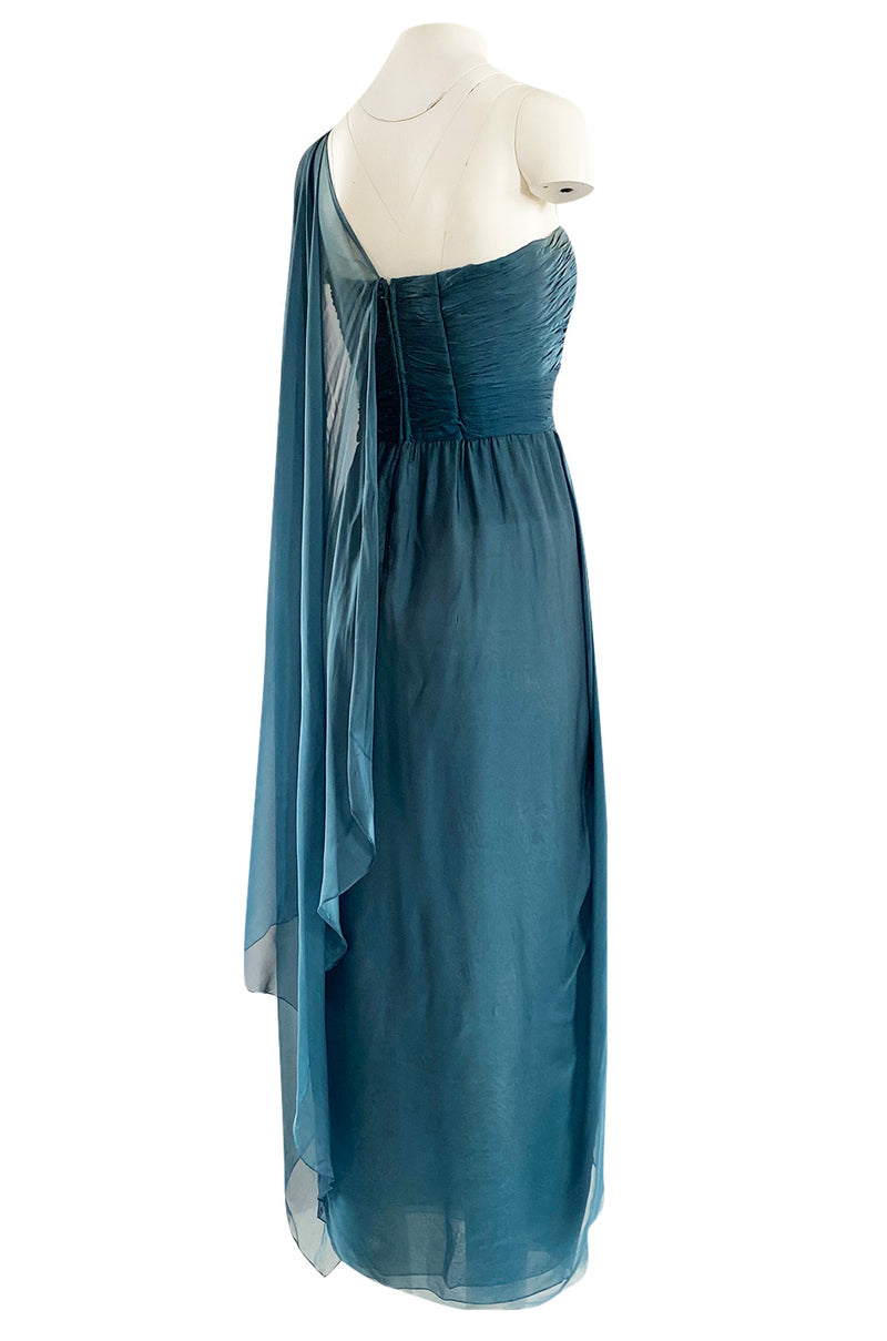 Early 1990s Oscar de la Renta Deep Teal Blue Silk Chiffon Custom Made Dress