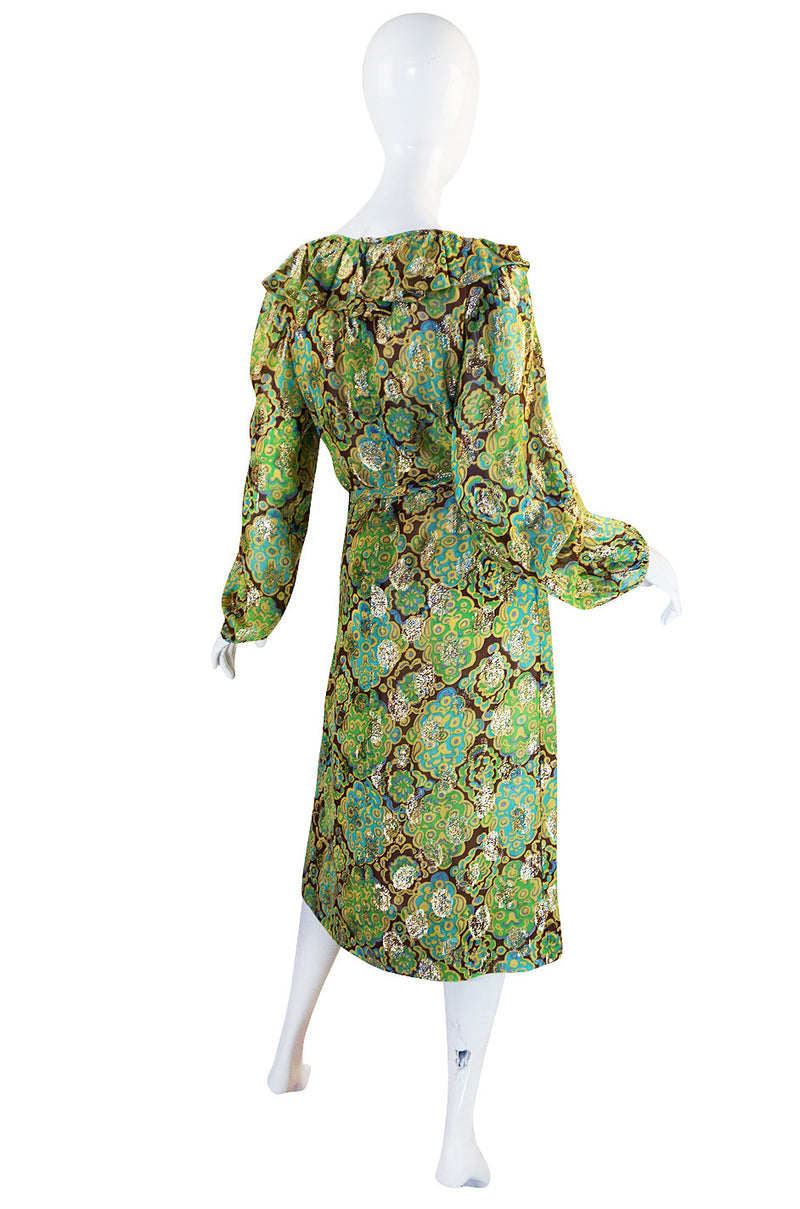 1970s Green & Gold Metallic Silk Adele Simpson Dress