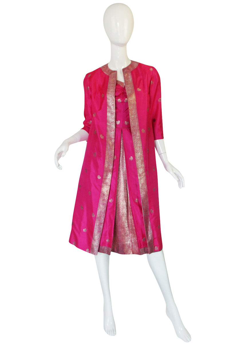 1950s Fine Tissue Silk Bright Pink Dress & Coat Set