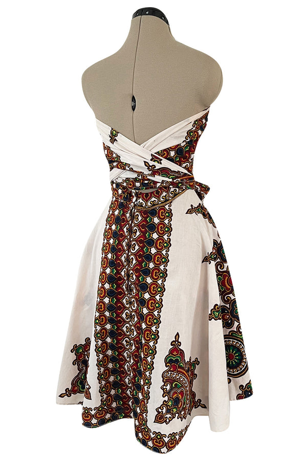 Fantastic 1970s Strapless Extended Multi Tie Bohemian Cotton Batik Print Dress