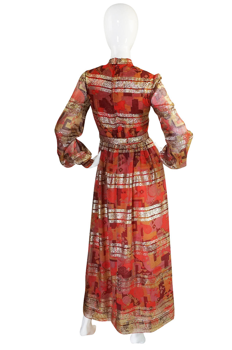 1960s Metallic Malcolm Starr Printed Organza Dress