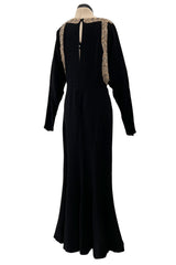 Fabulous 1930s Black Bias Cut Silk Crepe Dress w Unusual Rhinestone & Beaded Applique