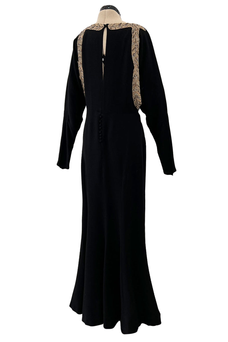 Fabulous 1930s Black Bias Cut Silk Crepe Dress w Unusual Rhinestone & Beaded Applique
