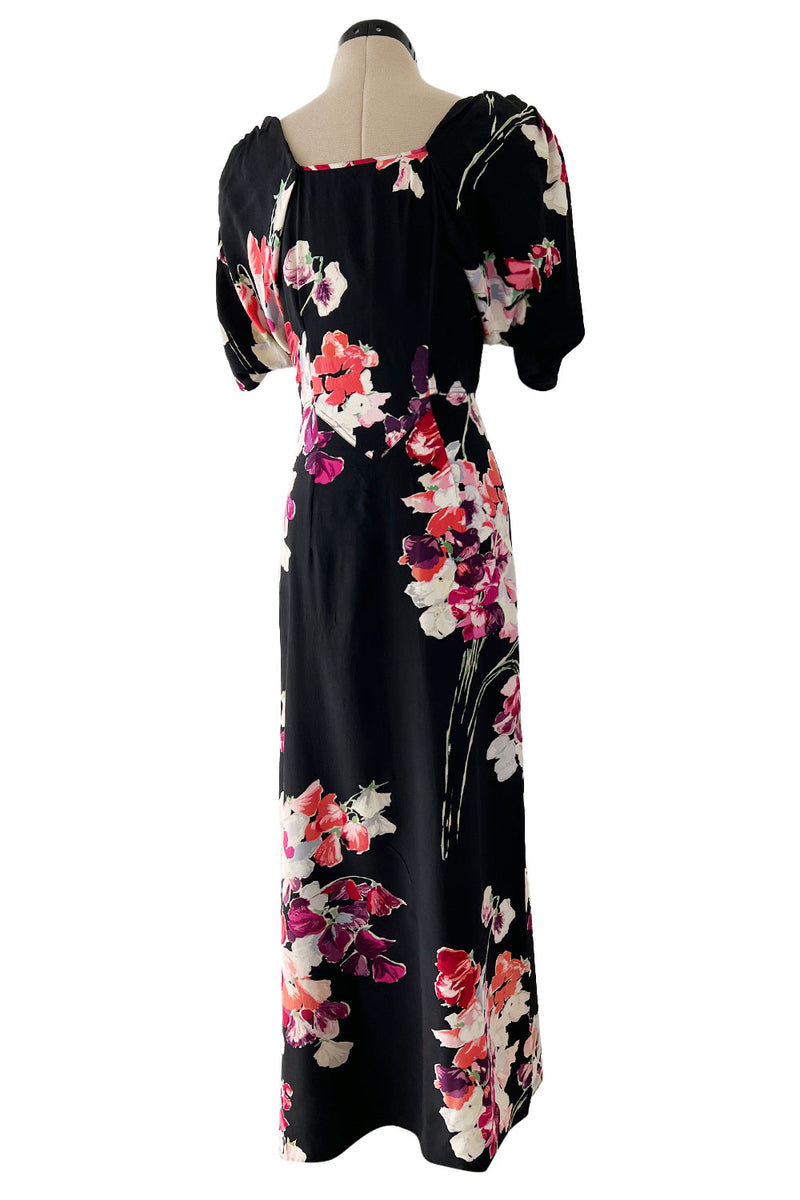 Stunning 1930s Unlabeled Black Silk Crepe Dress w Brilliant Pink & Coral Floral Print