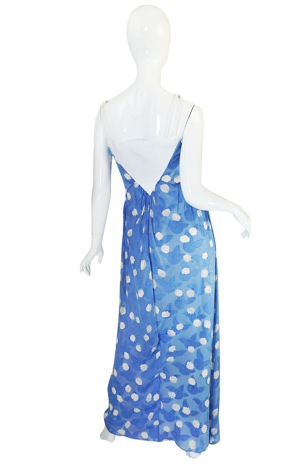 Rare 1970s Courreges Printed Blue Silk Chiffon Dress