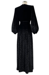 Fall 1986 Yves Saint Laurent Runway Black Patterned Velvet Dress w Sweetheart Neckline