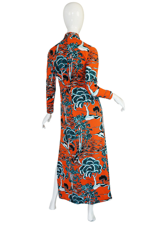 1960s Bright Coral Cheongsam Inspired Print Dress