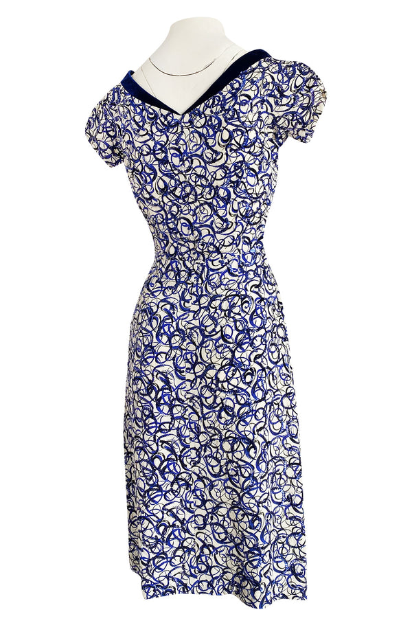 1940s Hand Painted Blue & White Silk Swing Dress w Swirling Sequin Detailing