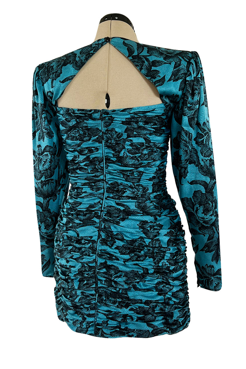 Late 1980s Emanuel Ungaro Teal Blue Printed Silk Mini Dress w Strong Shoulders