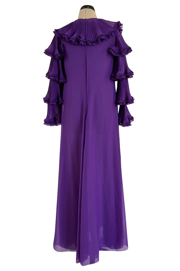 Unusual 1970s Miss Dior Purple Silk Chiffon Tiered & Pleated Sleeve Caftan Dress