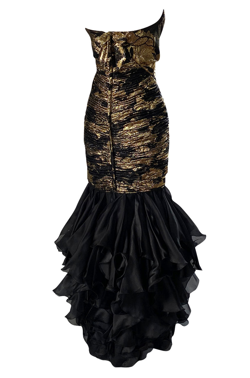 Fall 1988 Emanual Ungaro Strapelss Gold Metallic Black & Gold Ruffled Shrimpton Couture Fall 1988 Emanual Ungaro Strapelss Gold Metallic Black & Gold Ruffled Shrimpton Couture