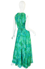 1960s Green Print Roger Freres Silk Chiffon Dress