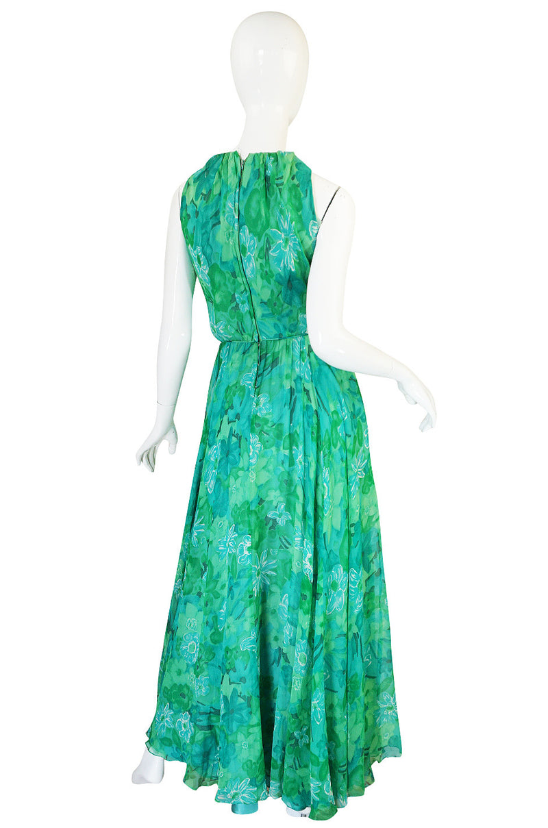 1960s Green Print Roger Freres Silk Chiffon Dress