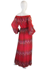 1970s Off Shoulder Silk Print Mollie Parnis Dress