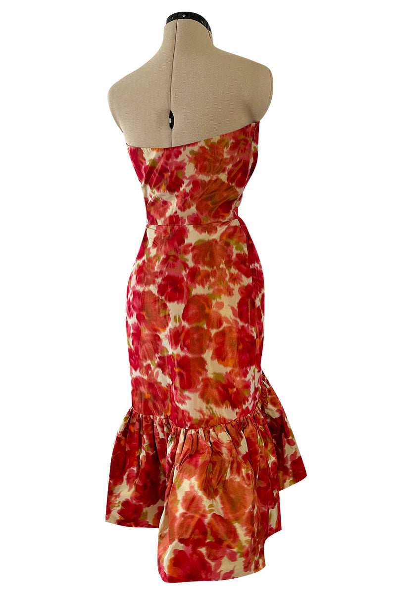 1980s Henri Bendel Washed Floral Silk Taffeta Ruffle Dres w Flower Accent at the Waist