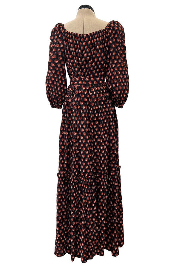 Incredible 1970s Givenchy Demi-Couture Pinecone Print Ruffle Skirt & Peaked Shoulder Top Set