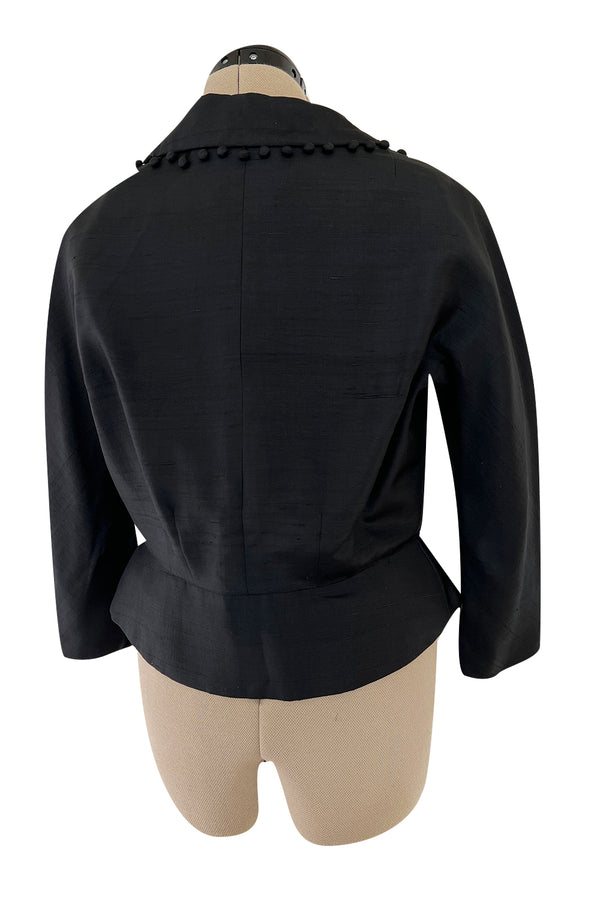 Gorgeous 1950s Unlabeled Black Silk Jacket w Silk Ball Fringe Detailing