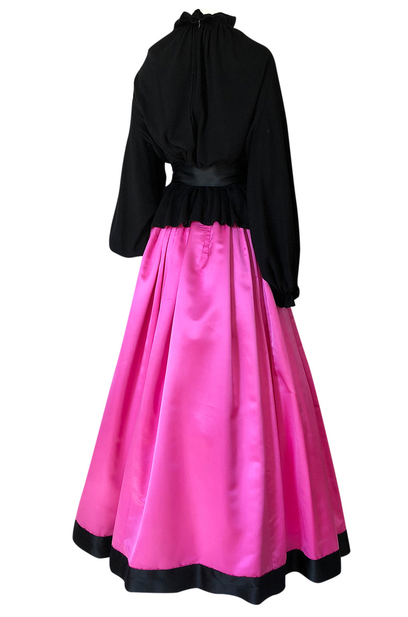 Fall 1977 Bill Blass Couture Full Pink Silk Satin Skirt & Black Top Dress Set