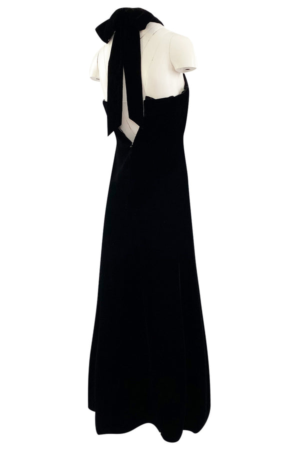 1970s Christian Dior Demi-Couture Numbered Sample Dress in Inky Black Velvet w Bow