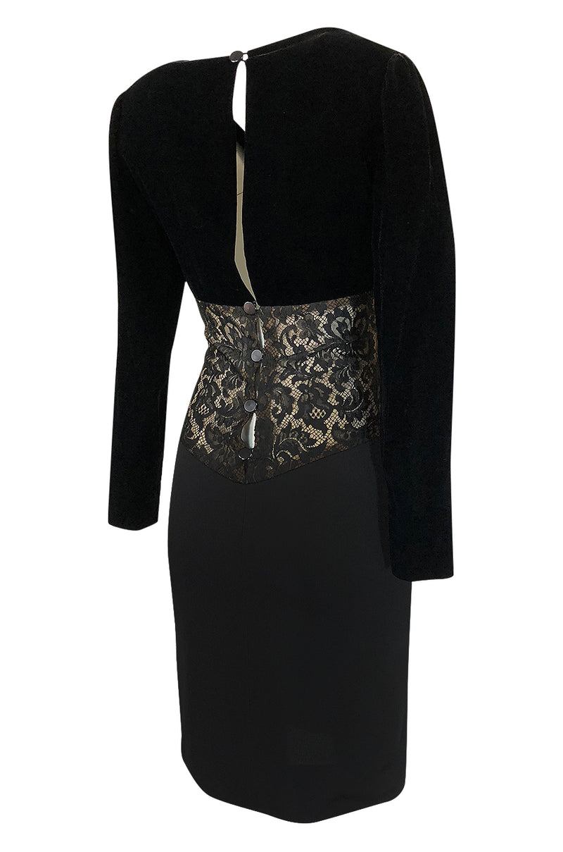 1980s Yves Saint Laurent Black Velvet, Lace & Jersey Dress