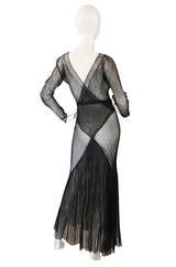 1930s Exceptional Black Silk Net Bias Gown