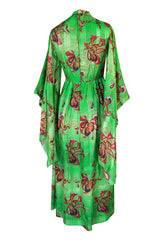 1970s Mollie Parnis Kimono Sleeve Printed Green Silk Dress