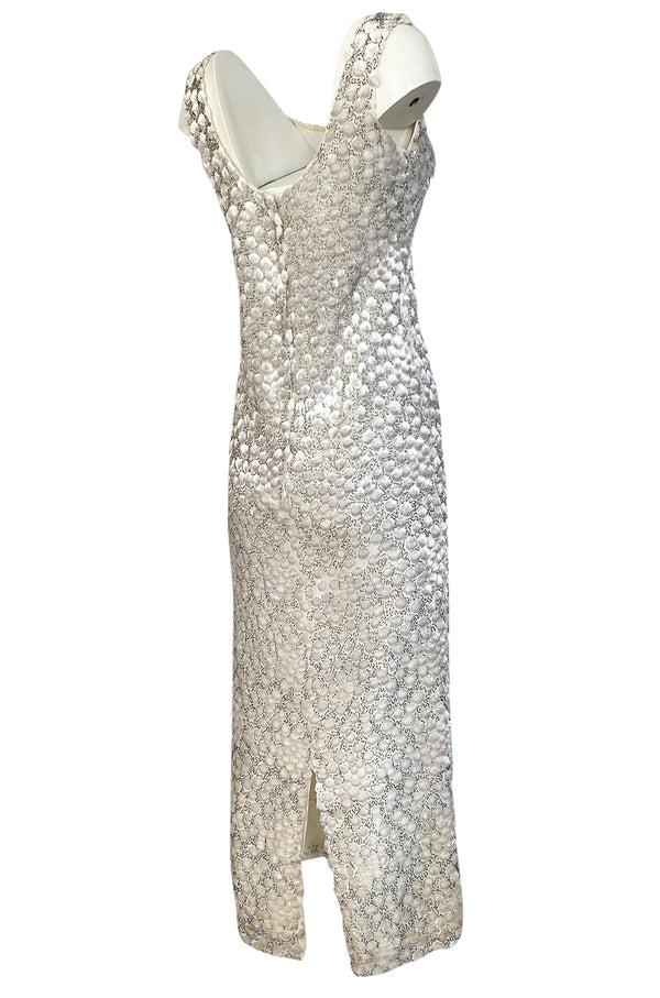 1960s Unlabeled Ivory Silk Dress w Chenille Applique & Beading Detail