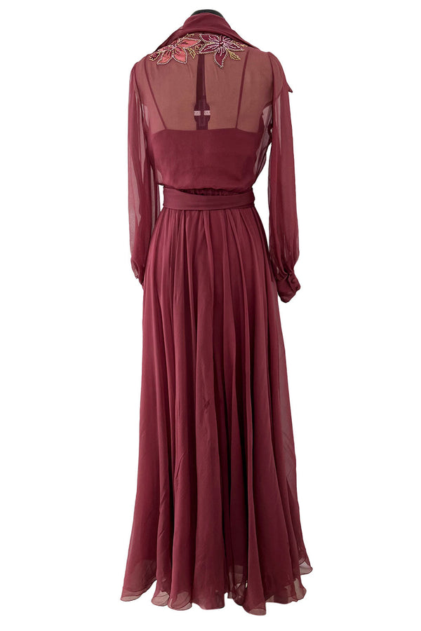 Beautiful 1974 Jean Louis Scherrer Haute Couture Hand Beaded & Applique Silk Chiffon Dress