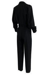 1980s Yves Saint Laurent Black Snap Front Flight Jumpsuit w Slip Belt
