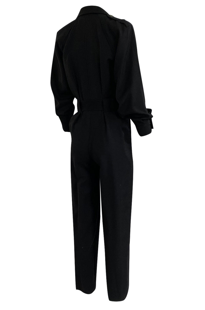 1980s Yves Saint Laurent Black Snap Front Flight Jumpsuit w Slip Belt