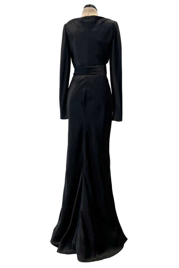 Incredible 2007 Alexander McQueen Original Bias Cut Black Silk Satin Dress w Tie Belt