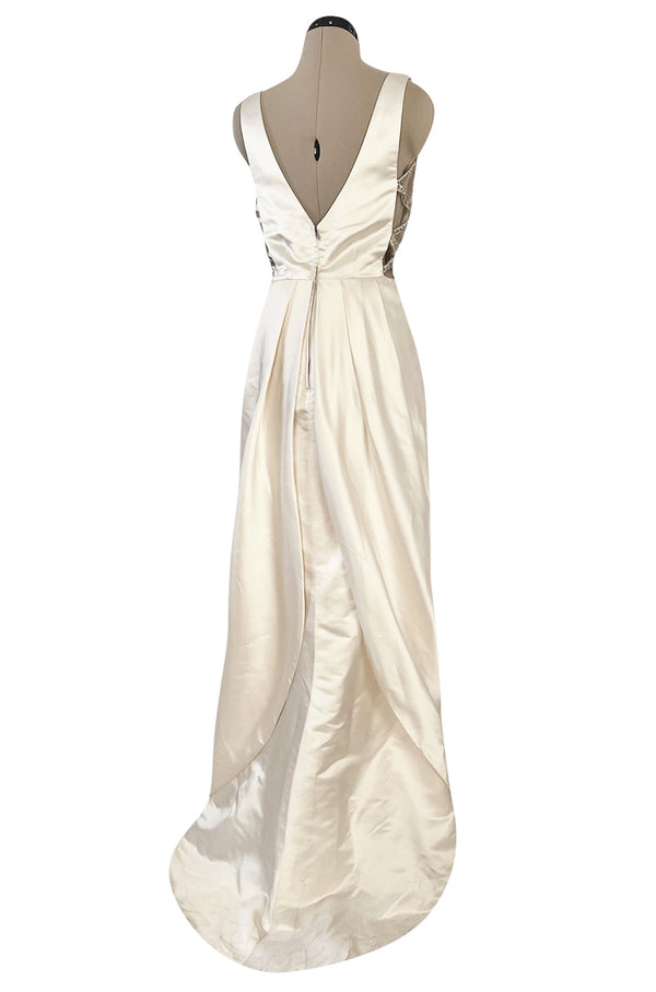 2000s Oleg Cassini Couture Ivory Silk Satin Wedding Dress w Open Beaded Sides & Train