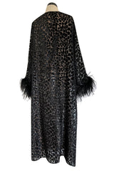 Gorgeous 1990s Valentino Intimo Black Metallic Voided Velvet Feather Cuff Caftan Dress