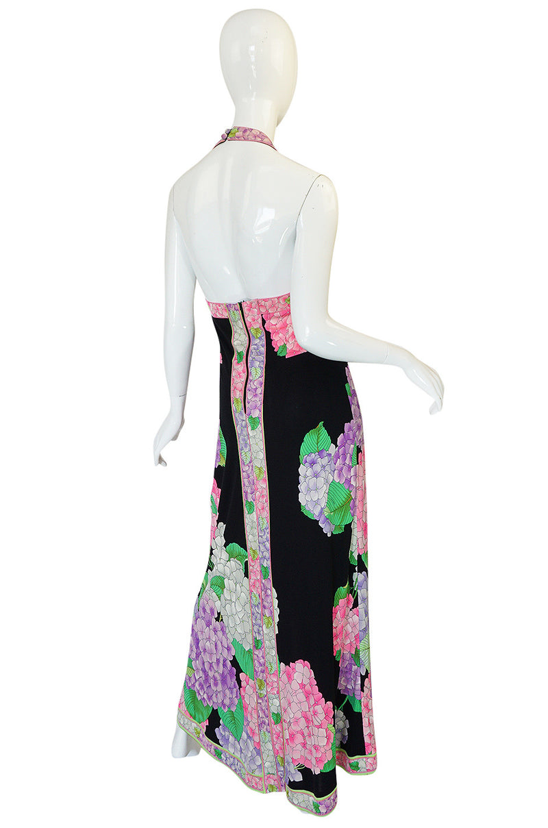 Gorgeous 1970s Silk Jersey Floral Print Leonard Halter Dress